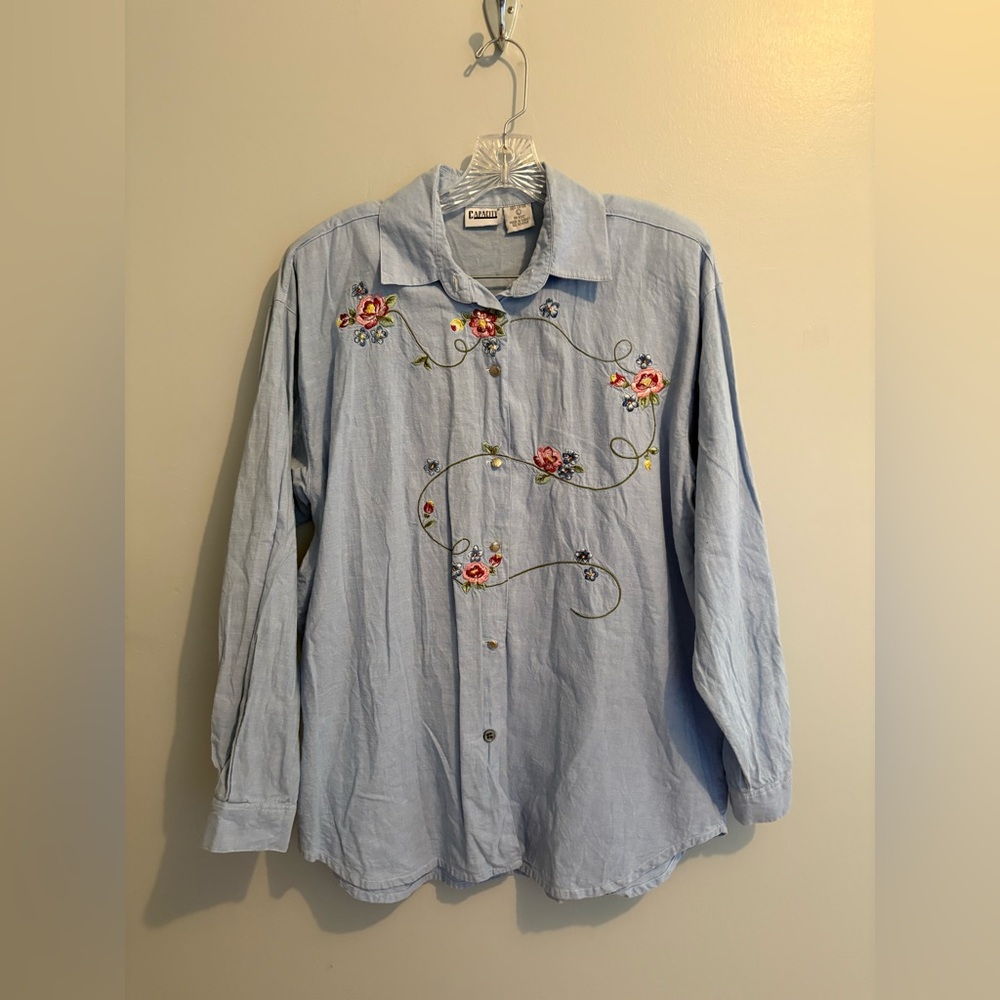 Vintage Capacity Floral Embroidery Long Sleeve Button Down Cotton Blouse Large - Picture 6 of 12